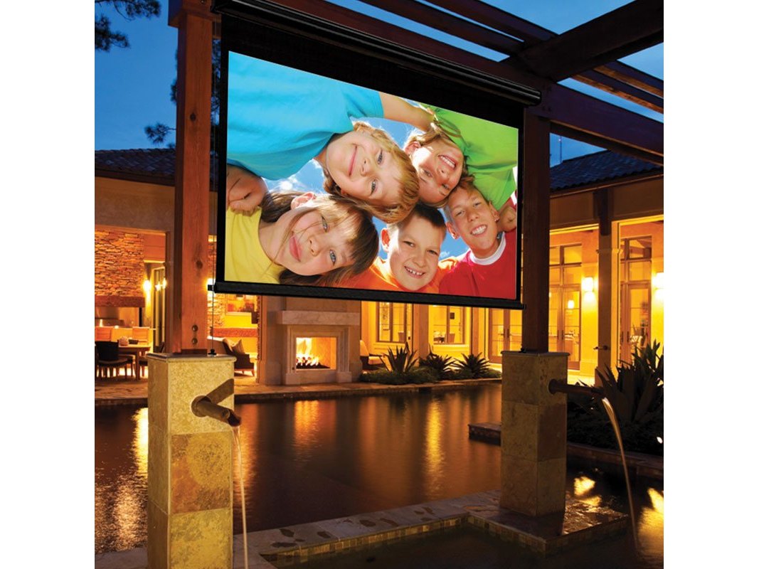 Draper Nocturne+ E projection screen installed on an outdoor patio