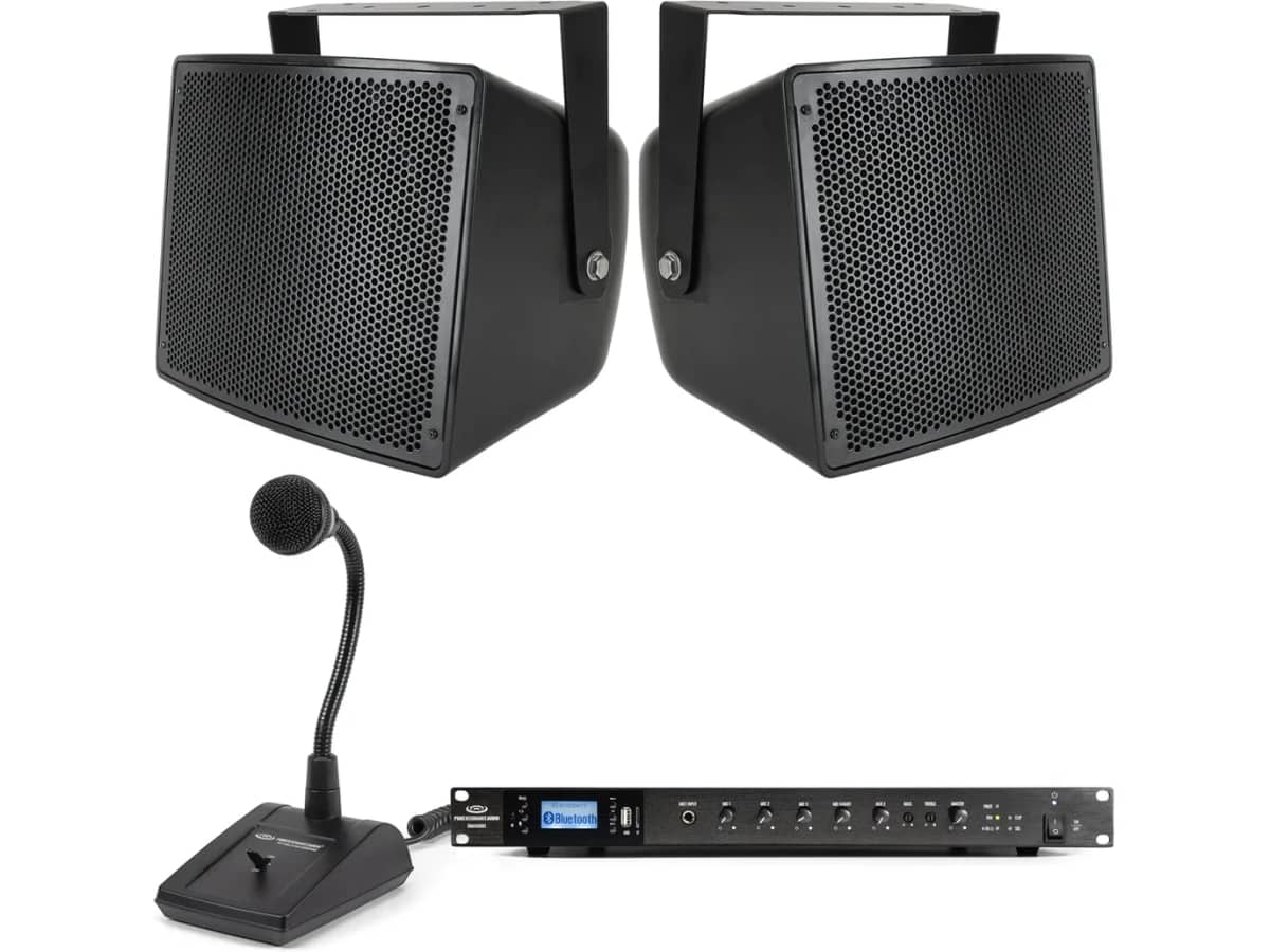 Public Address Sound System with 2 S10 Outdoor Speakers, RMA500BT Bluetooth Mixer Amplifier and Paging Microphone