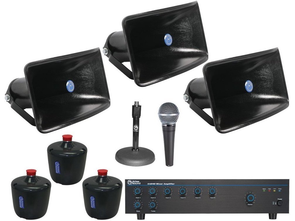 Public Address Sound System with 3 AtlasIED Wide Dispersion Reflex Sound Horns and Mixer Amplifier