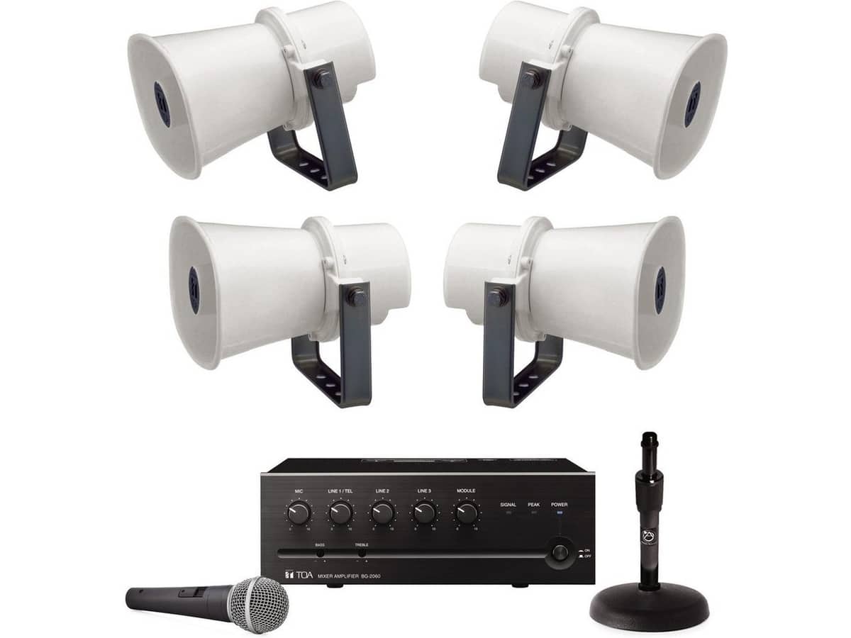 Public Address Sound System with 4 TOA 10W Paging Horn Loudspeakers and 60W Mixer Amplifier