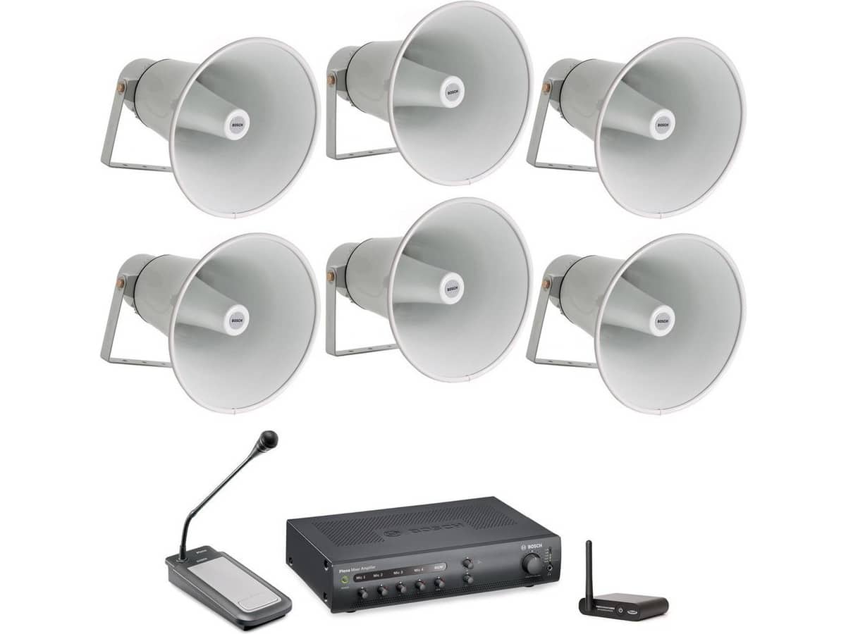 Public Address Sound System with 6 Bosch Horn Loudspeakers, Push-to-Talk Paging Microphone and Bluetooth Adapter
