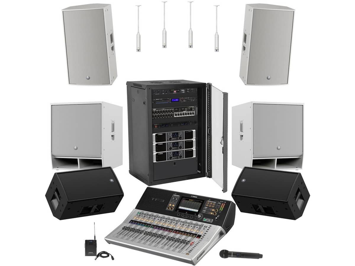Auditorium Sound System with Yamaha PA Speakers, Digital Mixer, Adjustable Hanging Microphones and Bluetooth