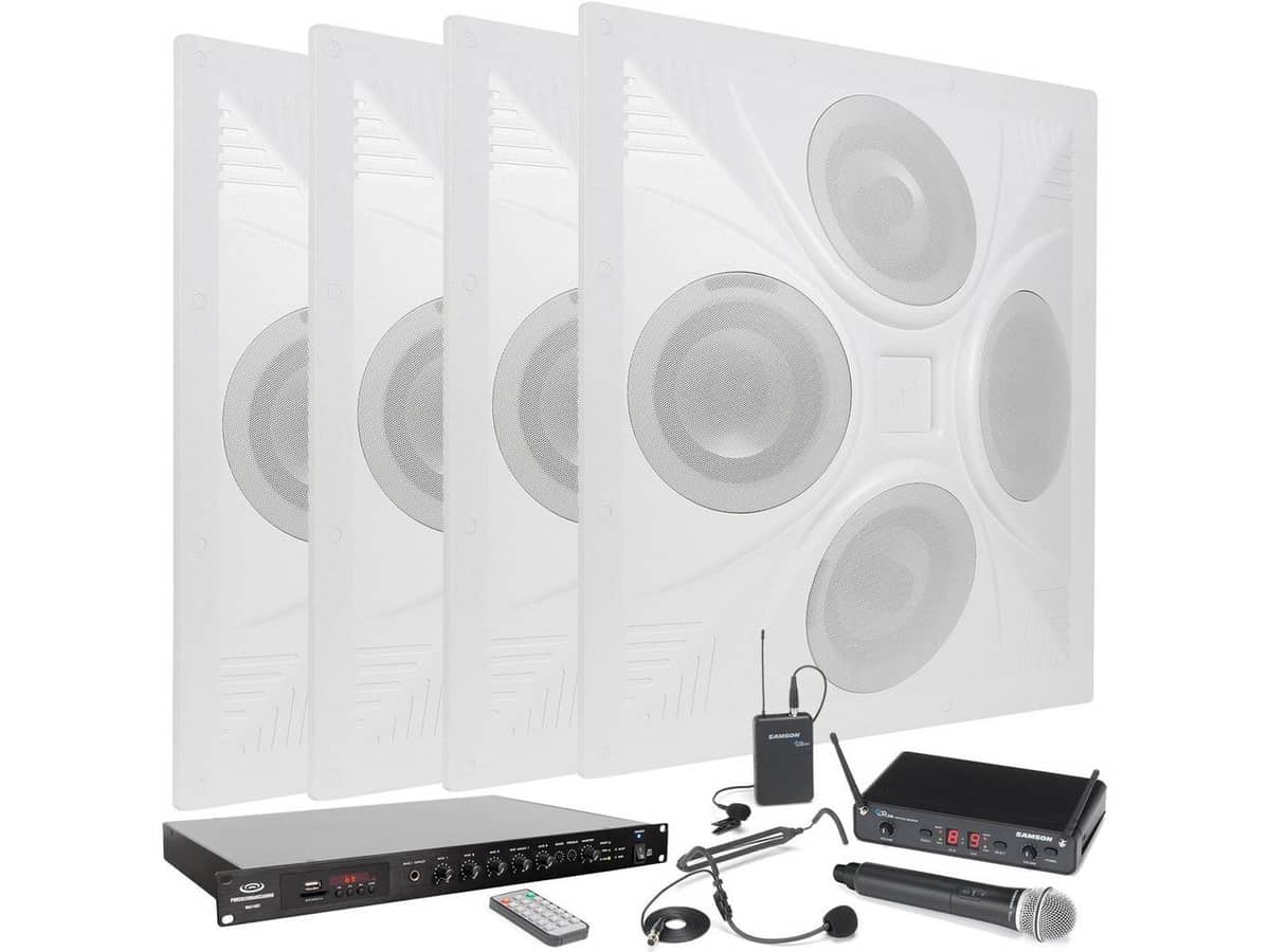Auditorium Sound System with 4 SD4 Ceiling Speaker Arrays, RMA240BT 240W Rack Mount Bluetooth Mixer Amplifier and Samson All-In-One Dual Wireless System