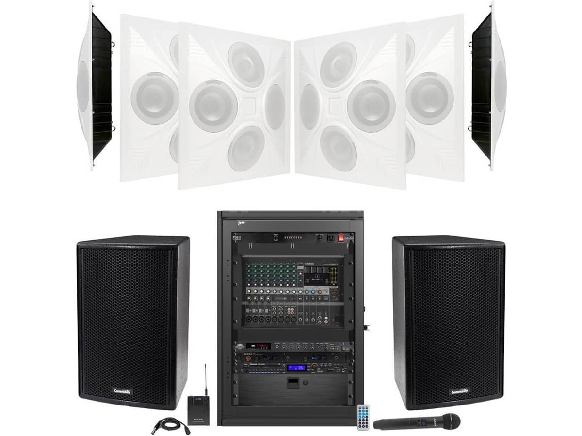 Auditorium Sound System with 6 SD4 SuperDispersion Ceiling Speaker Arrays and 2 Community 15" On-Wall Speakers with Wireless Mics and Bluetooth