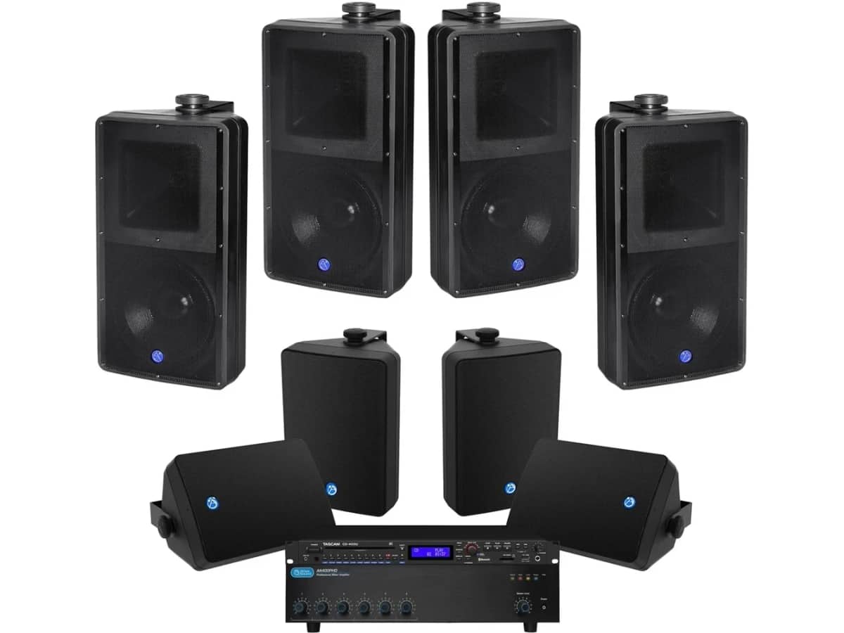 All-Weather Outdoor Oceanfront Restaurant and Bar Sound System with 12 Surface Mount Speakers and Bluetooth Media Player