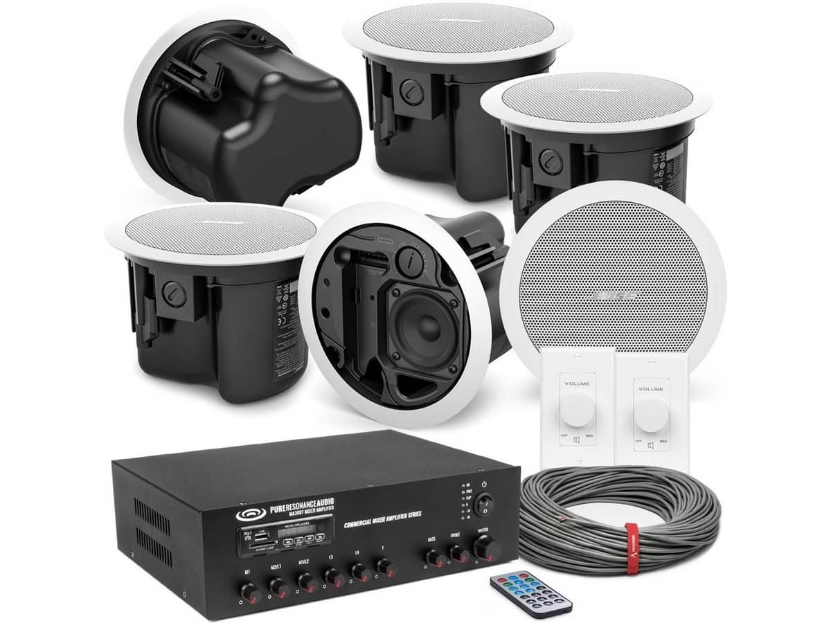 Background Music and Paging Sound System with 6 Bose Professional In-Ceiling Speakers and 30W Bluetooth Mixer Amplifier (Up to 3,000 SF)