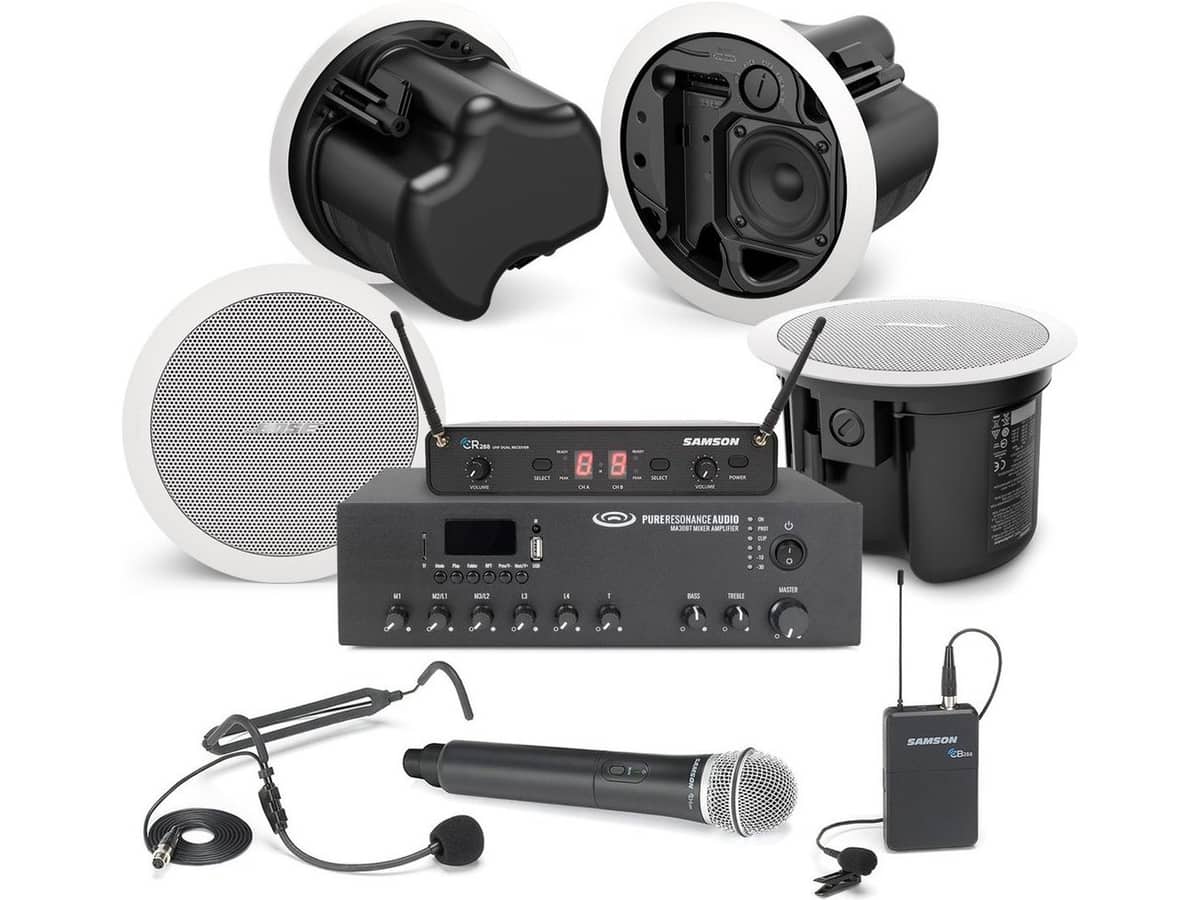 Conference Room Sound System with 4 Bose Professional In-Ceiling Speakers MA30BT Bluetooth Mixer Amplifier and Dual Wireless Microphone System
