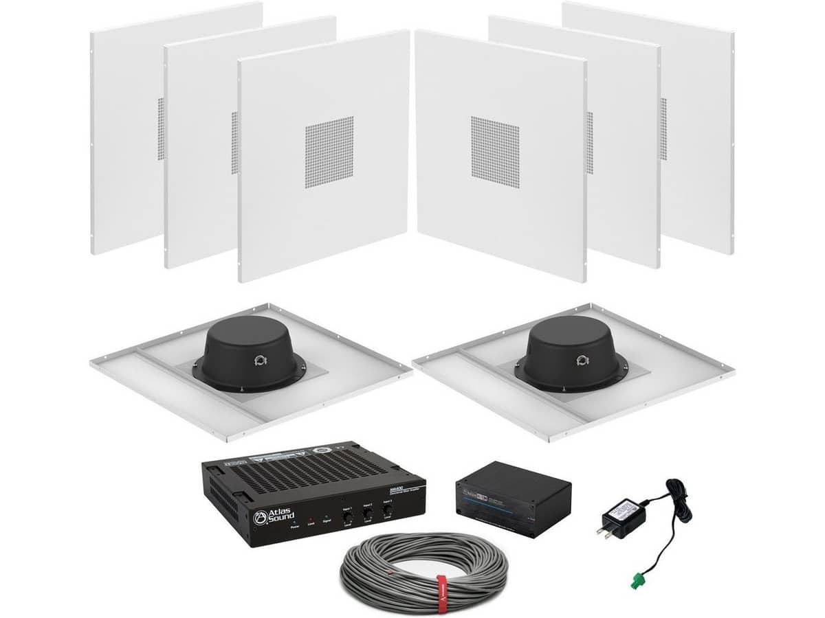 Sound Masking System with AtlasIED Drop Tile Ceiling Speakers, Mixer Amplifier and Pink Noise Generator for up to 2400SF