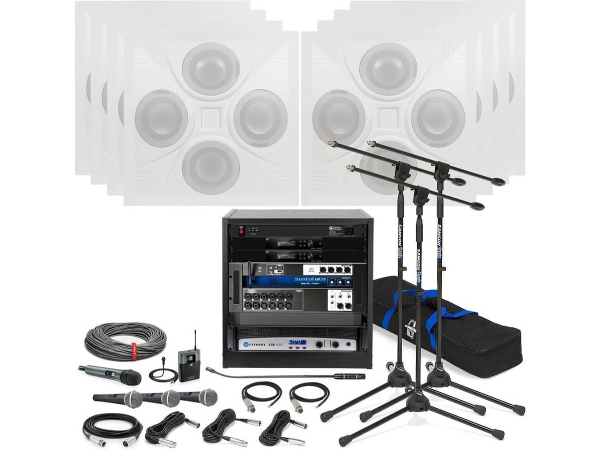 Church Sound System with 8 SD4 Ceiling Speaker Arrays with Soundcraft Ui16 Digital Mixer and Crown CDi 1000 Power Amplifier