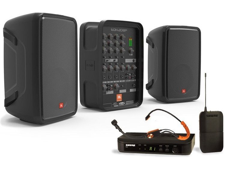 Portable Fitness Sound System with JBL EON208P Bluetooth PA and Shure Wireless Microphone System