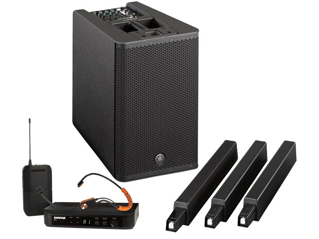 Portable Fitness Sound System with Yamaha STAGEPAS 1K Portable Bluetooth PA System with Shure Wireless Sweatproof Headworn Microphone