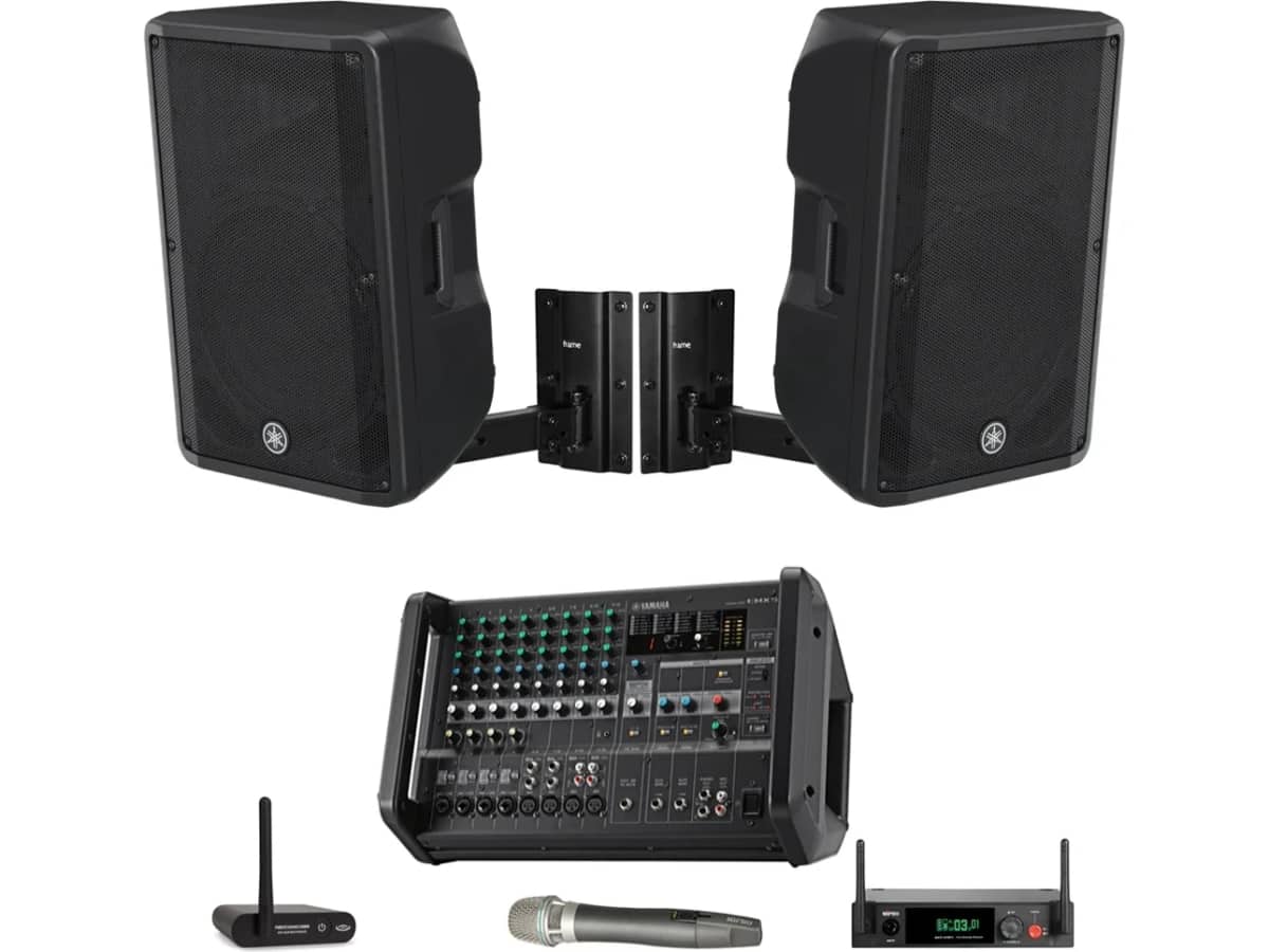 Gym Sound System with 2 Wall Mount Yamaha 12" Loudspeakers, 12-Channel Portable Mixer, Bluetooth and Wireless Microphone