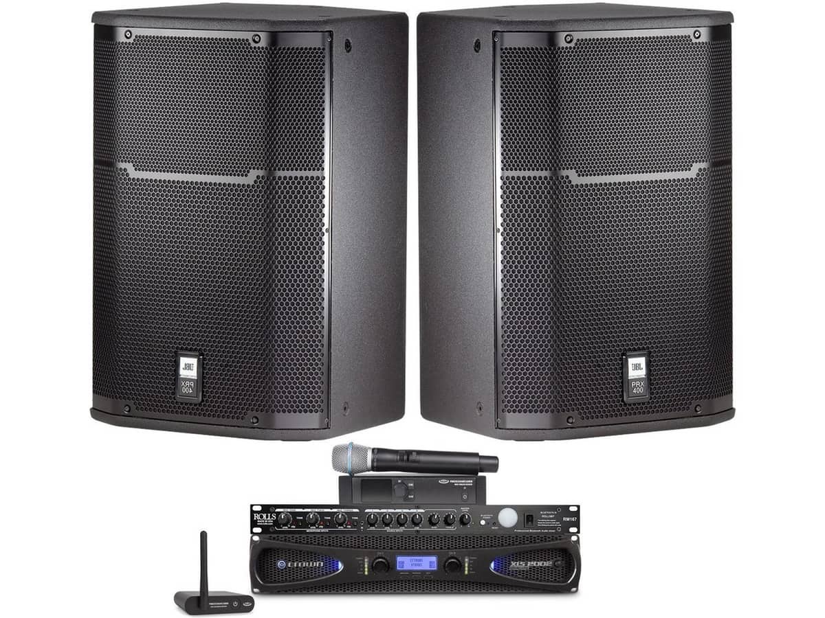 Gymnasium Audio System with 2 JBL PRX415M Passive Loudspeakers, 2-Channel Power Amplifier, Bluetooth Mixer and Wireless Handheld Mic
