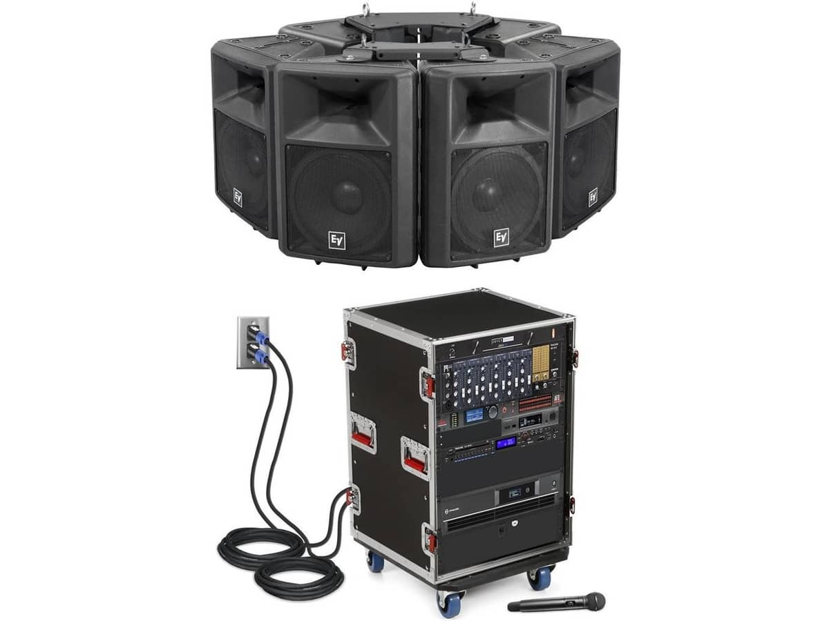 Gym Sound System with 6 EV Speakers, Bluetooth, Rolling Rack and Input Wall Plate