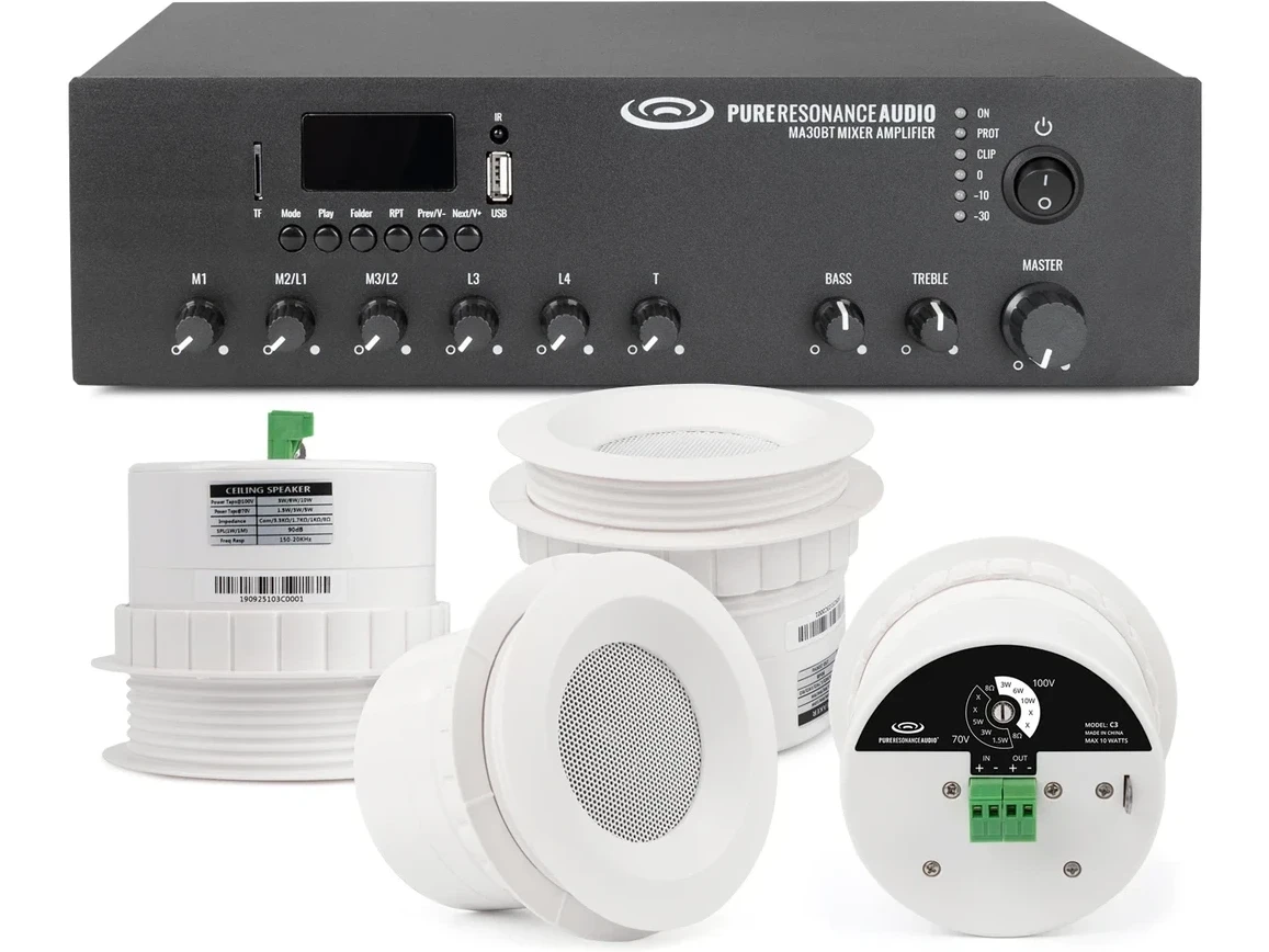 Auxiliary Area Sound System with 4 C3 Ceiling Speakers and MA30BT 30W Bluetooth Mixer Amplifier