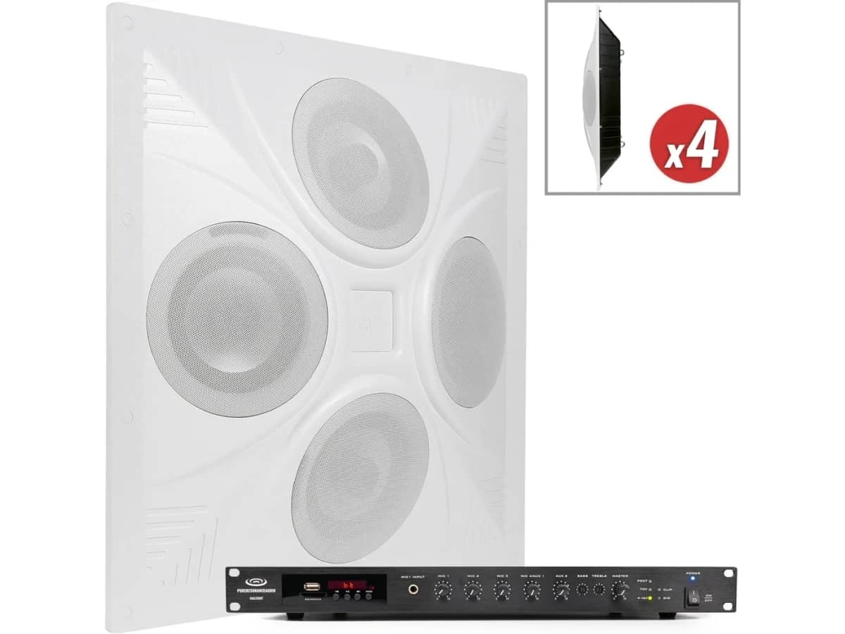 Multi Purpose Area Sound System with 4 SD4 SuperDispersion Ceiling Speaker Arrays and RMA350BT 350W Rack Mount Bluetooth Mixer Amplifier