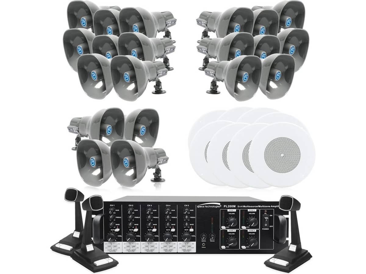 Warehouse and Office Sound System for Multi-Zone Paging and Background Music with 28 Speakers and 3 Paging Microphones (Up to 4 Zones)