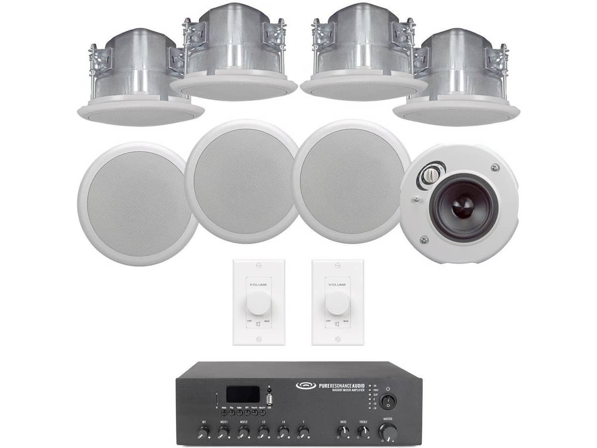 Office Sound System with 8 SoundTube CM31-EZ In-Ceiling Speakers, MA60BT Bluetooth Mixer Amplifier and 2 VC50W Volume Controls