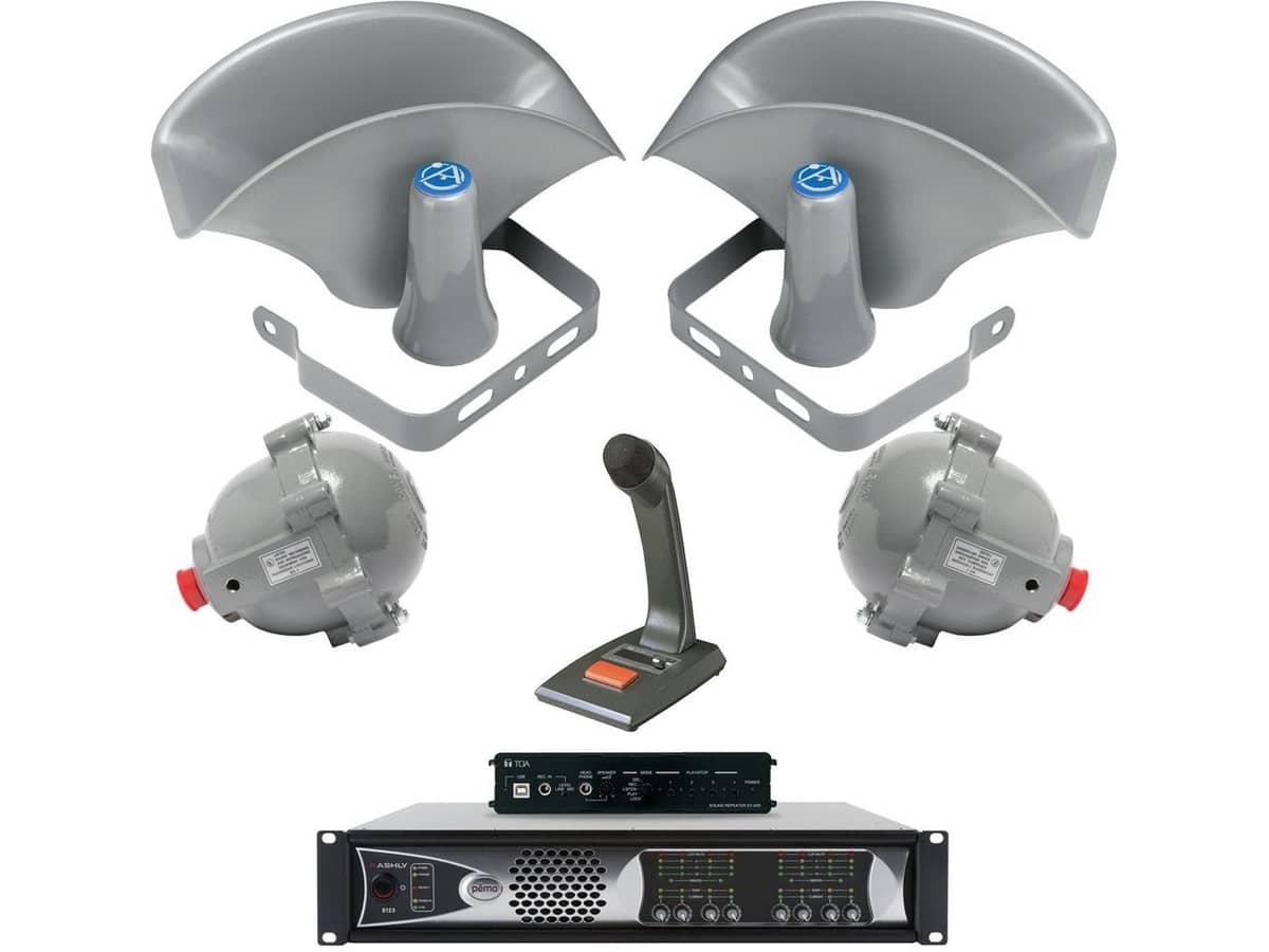 Explosion Proof Public Address PA Sound System for Hazardous Combustible Environments with 24 Horn Speakers and Message Repeater