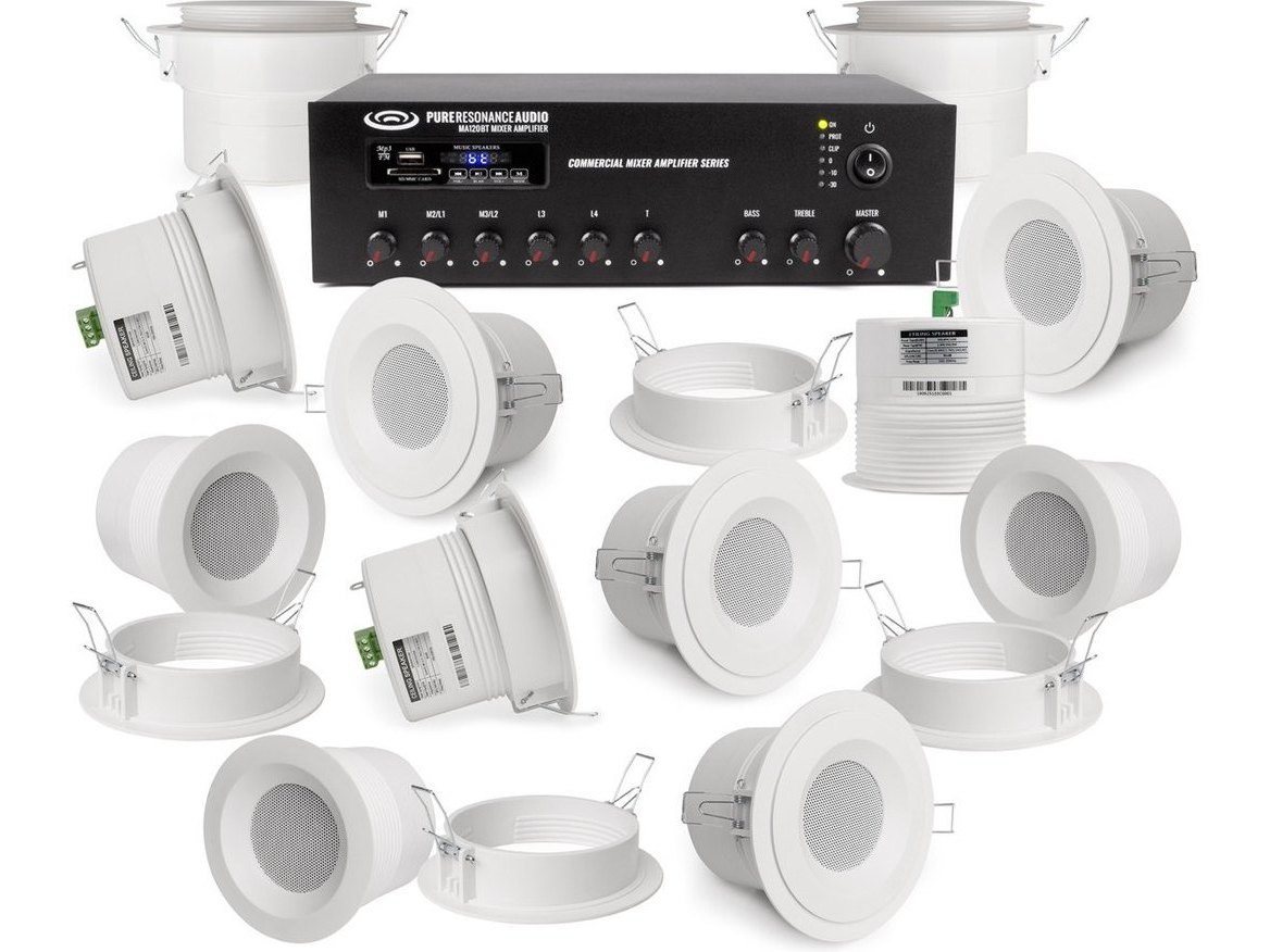 Restaurant Music System with 12 Drywall Mount C3 Ceiling Speakers and 120W Bluetooth Mixer Amplifier