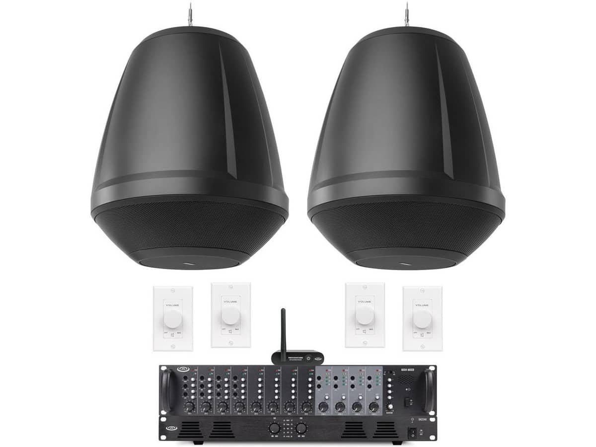 Restaurant Sound System with 2 QSC AcousticDesign Pendant Speakers, Pure Resonance Audio 4-Zone Mixer, 240W Power Amplifier, Volume Controls, and Bluetooth Music Streaming