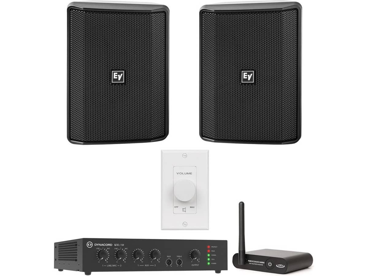 Cafe Audio System with 2 Electro-Voice EVID-S4.2T Surface Mount Speakers, Mixer Amplifier, Volume Control, and Bluetooth