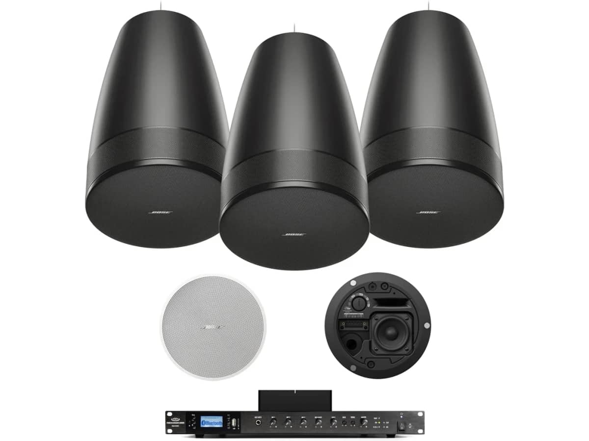 Bose Restaurant Speaker System with 3 DesignMax Pendant Speakers, 2 Ceiling Speakers, 350W Bluetooth Mixer Amplifier, and WiFi Streaming