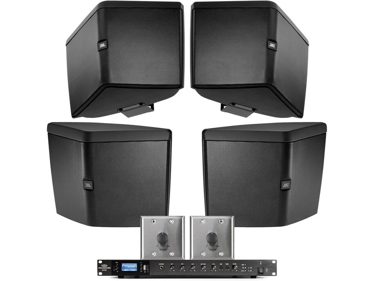 Restaurant Sound System for Outdoor Areas with 4 JBL Outdoor Wide Coverage Speakers and Power Amplifier