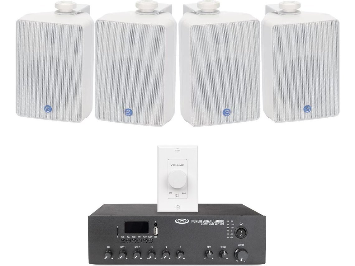 Restaurant Sound System with 4 AtlasIED SM42T Wall Mount Loudspeakers, Bluetooth Mixer Amplifier and Volume Control