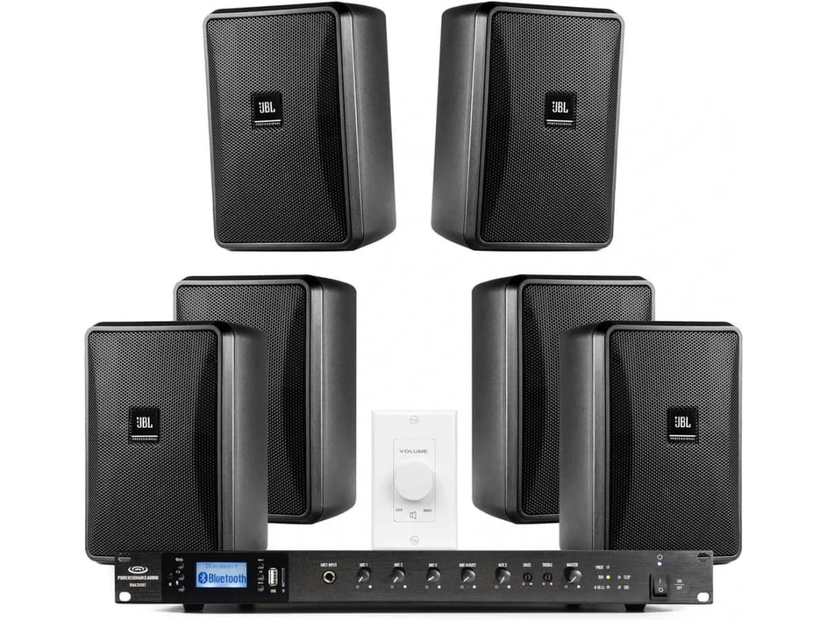 Restaurant Sound System with 6 JBL Control 23-1 Wall Mount Indoor Outdoor Speakers and Bluetooth Mixer Amplifier