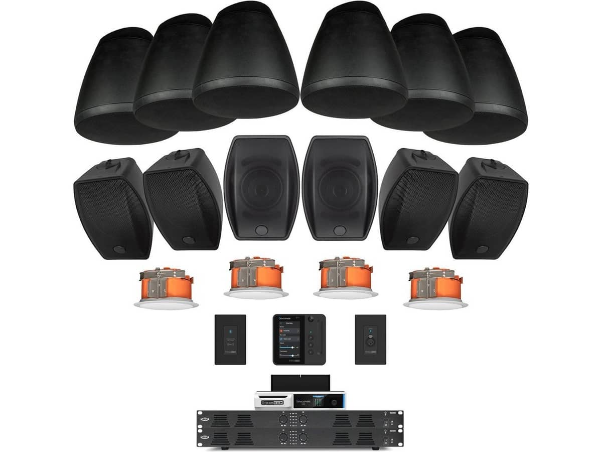 Restaurant Speaker System with 6 SoundTube Pendant Speakers, 6 Surface Mount Speakers, 4 Ceiling Speakers, 2 Power Amplifiers, 4-Zone Audio Processor, Wall Control Panel, Remote XLR Input, Bluetooth, and Wifi Streaming
