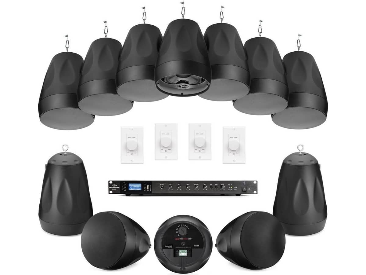 Retail Store Sound System with 12 PD6 Pendant Speakers, RMA350BT 350W Bluetooth Mixer Amplifier and 4 VC100W Volume Controls