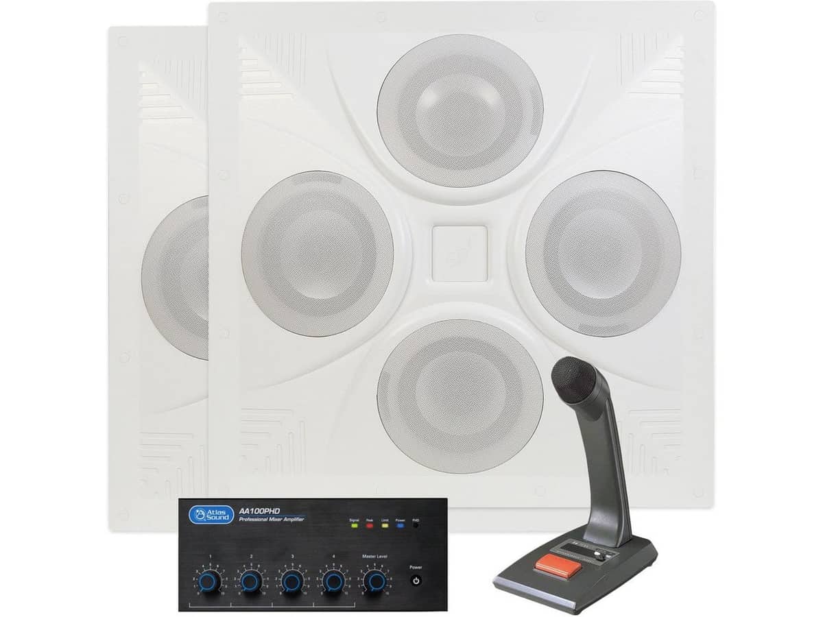 Retail Store Sound System with 2 Ceiling Speakers Atlas Sound AA100PHD Mixer Amplifier and TOA PM-660U Desktop Paging Microphone