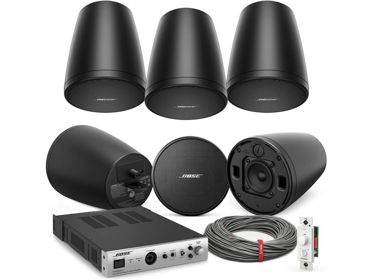 Bose Pendant Mount Retail Store Sound System with 6 FreeSpace FS2P Speakers and FreeSpace IZA 190-HZ Zone Amplifier