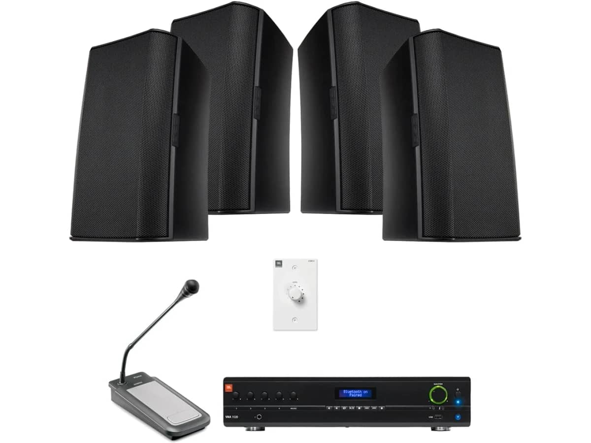Retail Sound System with 8 QSC AcousticDesign Wall Mount Speakers, Bluetooth-Enabled Mixer Amplifier and Paging Microphone