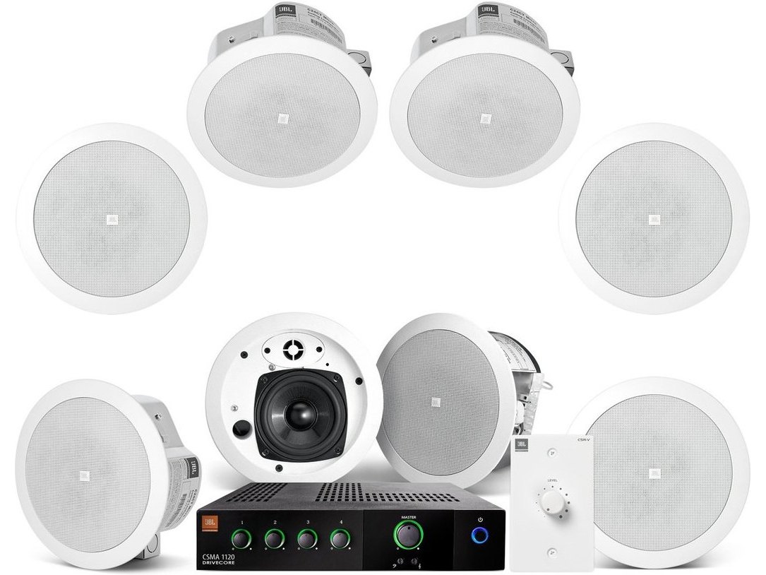 Retail Store Sound System with 8 JBL Control 24CT MicroPlus In-Ceiling Loudspeakers and Mixer Amplifier