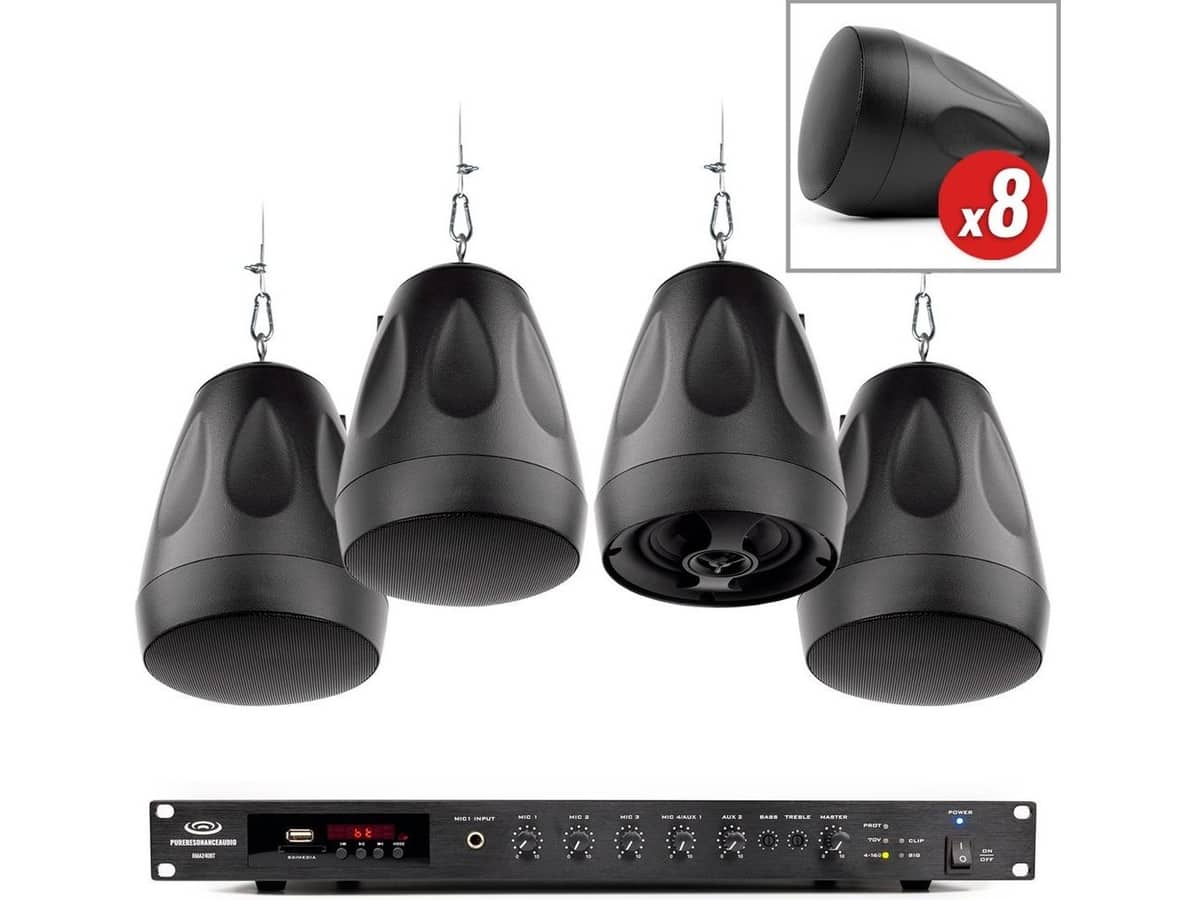 Retail Store Sound System with 8 PD4 Pendant Speakers and RMA240BT 240W Rack Mount Bluetooth Mixer Amplifier