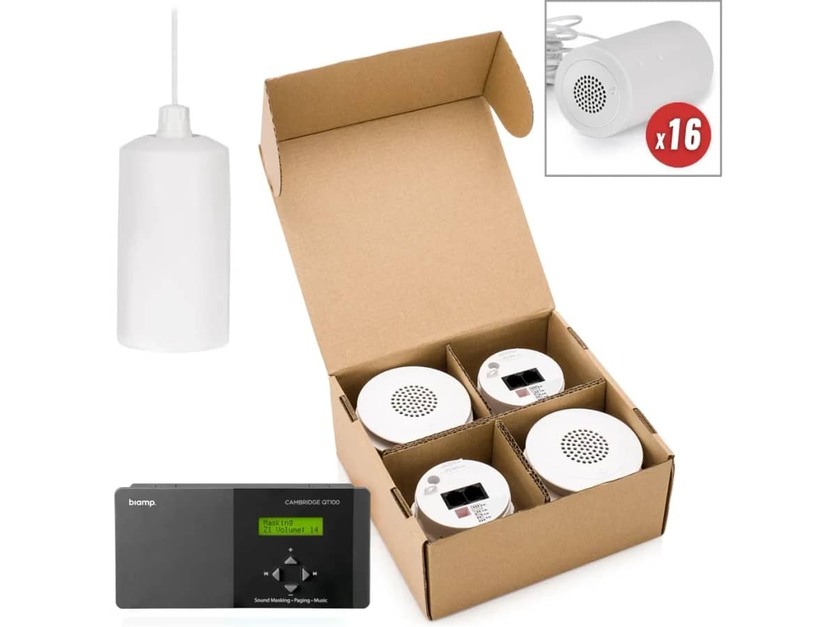Cambridge Sound Masking System with Pendant Mount Emitters and Qt100 Sound Masking Generator for up to 1600SF