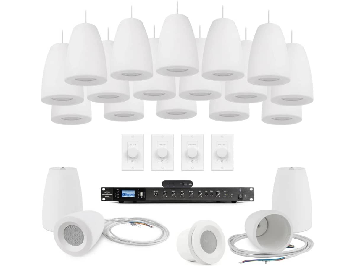 White Noise Office System with 20 C3 3" 70 Volt Pendant Speakers, RMA500BT Bluetooth Mixer Amplifier, SMG1 Sound Masking Generator, and Volume Controls