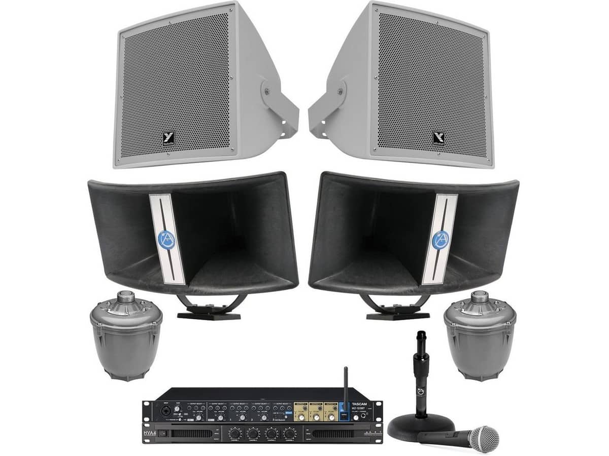 Stadium PA System with 2 Yorkville Outdoor PA Speakers, Paging Horns and Multi-Zone Rack Mount Mixer with Bluetooth