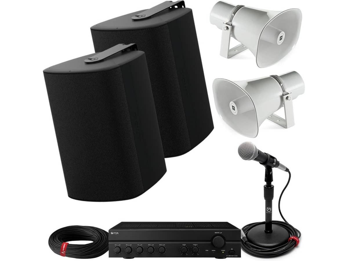 Baseball Field Sound System with 2 Biamp Stadium Speakers, 2 JBL Stadium Horns, Mixer Power Amplifier and Microphone