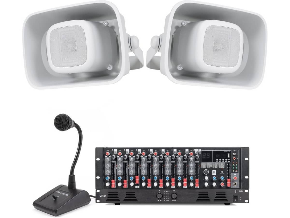 Outdoor Stadium Speaker System Featuring 2 H6 6.5" All-Weather Horn Speakers, MX9 9-Channel Mixer, DA2240 Dual-Impedance Power Amp & PTT1 Paging Mic