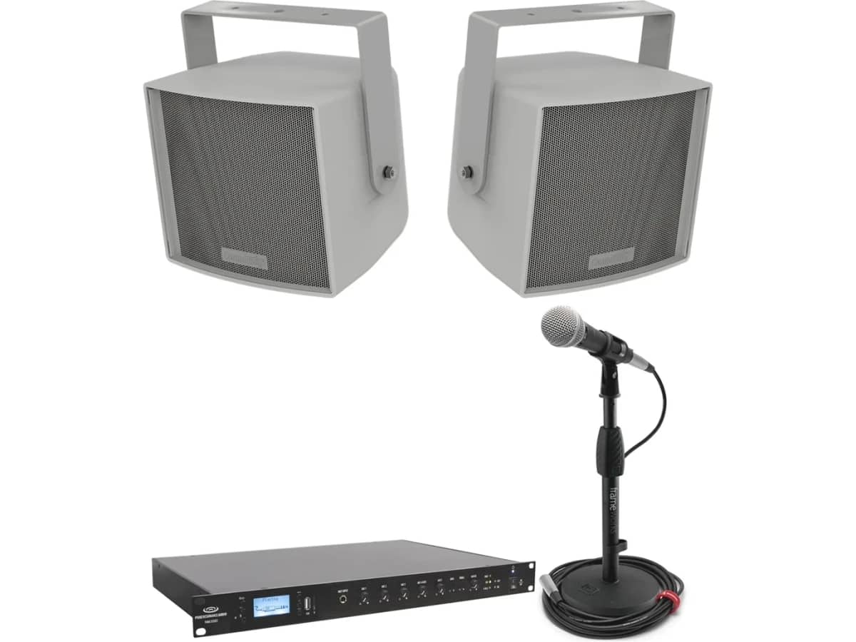 Little League Baseball Field Speaker System with 2 Community Stadium Speakers and Rack Mount Bluetooth Mixer Amplifier