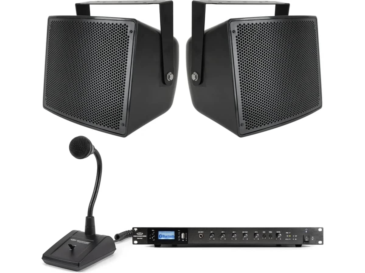 Baseball PA Sound System with 2 S10 Outdoor Stadium Speakers, Bluetooth Mixer Amplifier and Paging Microphone