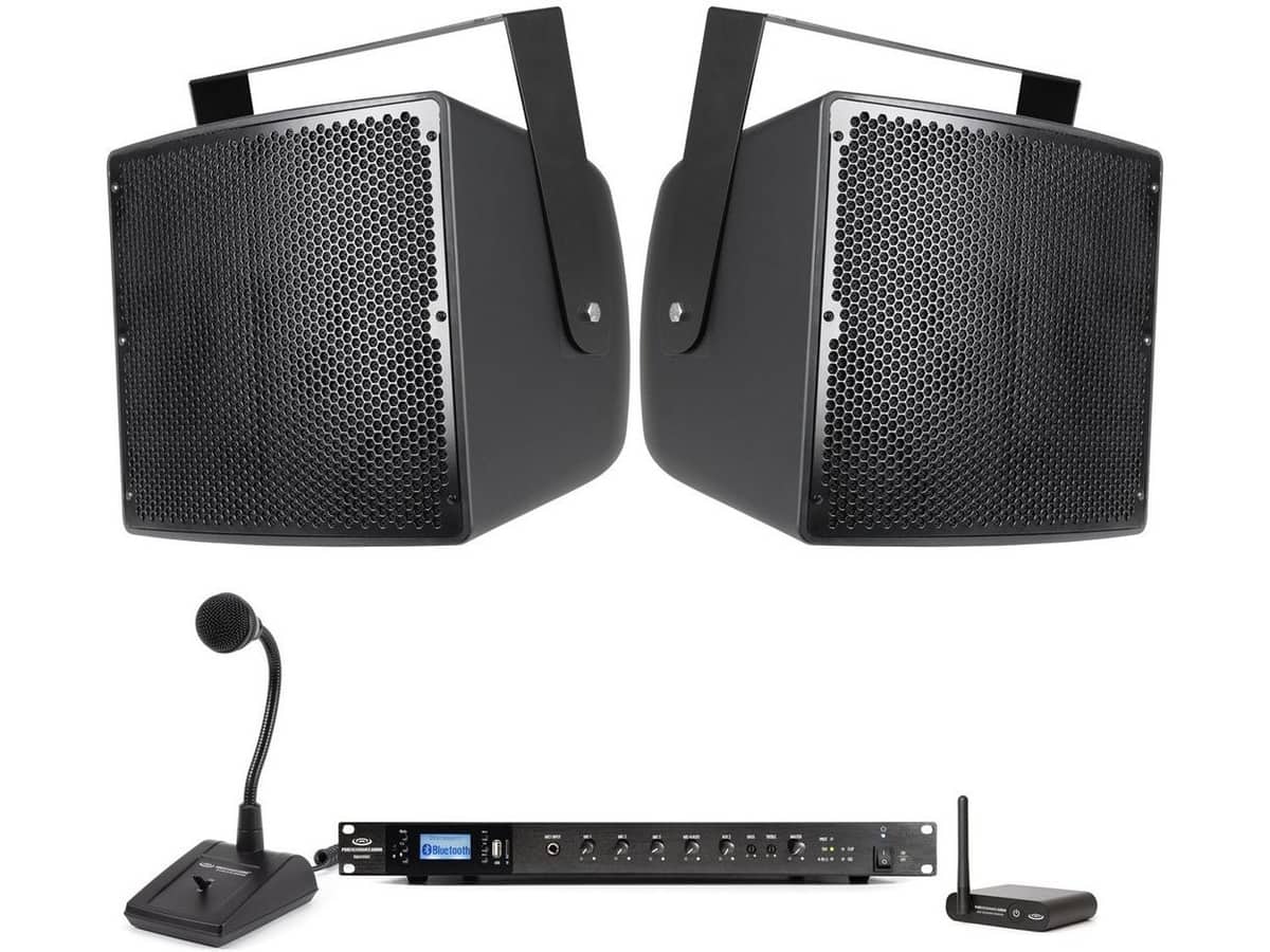 Stadium Speaker System with 2 S12 12" Stadium Speakers, RMA500BT 500W Mixer Amplifier, PTT1 Paging Microphone and BTR1 Bluetooth Wireless Receiver