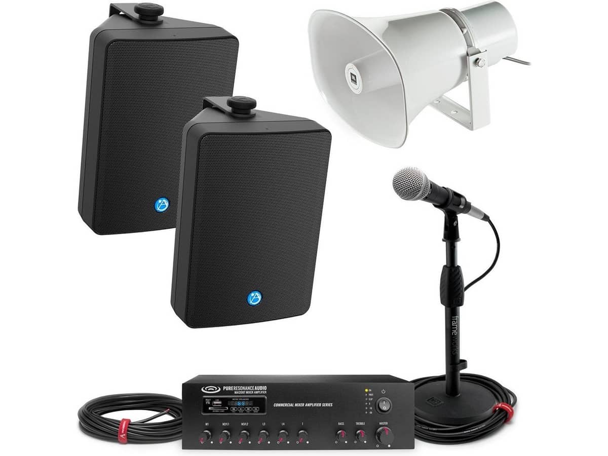 Baseball Stadium Sound System with 2 Atlas Stadium Speakers, Stadium Horn, Bluetooth Mixer Amplifier and Microphone