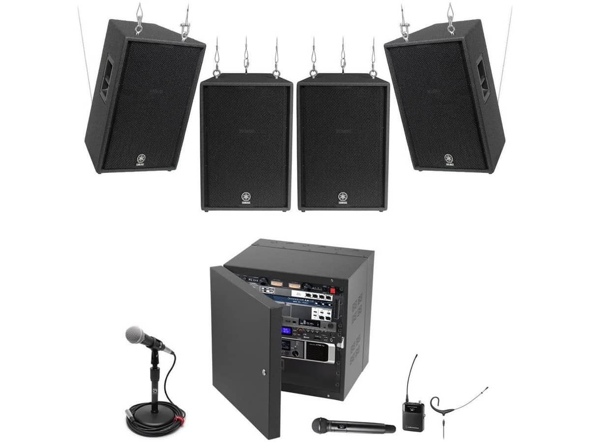 Indoor Arena PA System with 4 Yamaha Speakers, WiFi Mixer, Bluetooth Media Player, and Wireless Microphones
