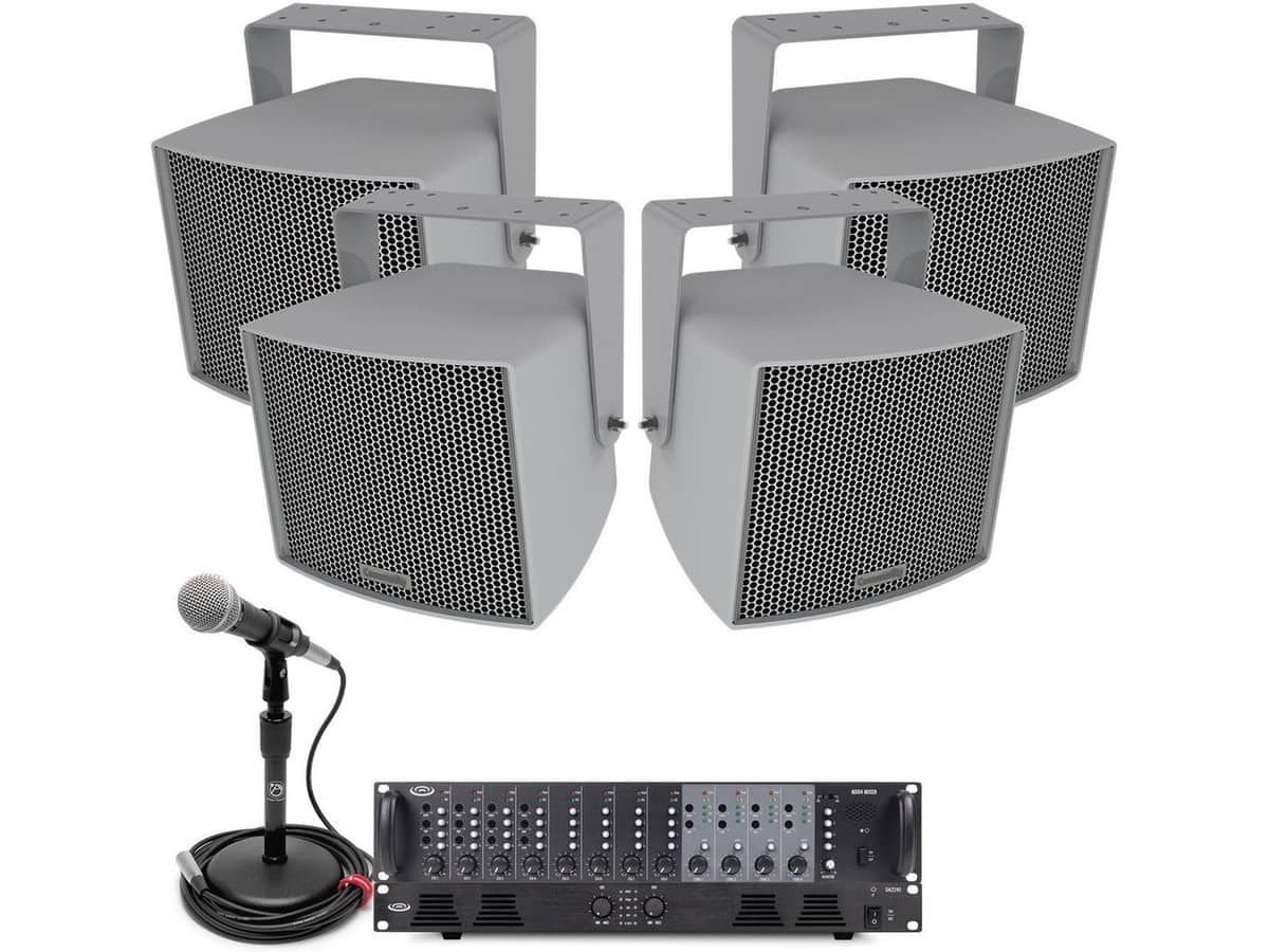 Multifield Baseball Stadium Sound System with 4 Community R.35 Weather-Resistant Loudspeakers, 4-Zone Mixer, 500W Amplifier, and Microphone