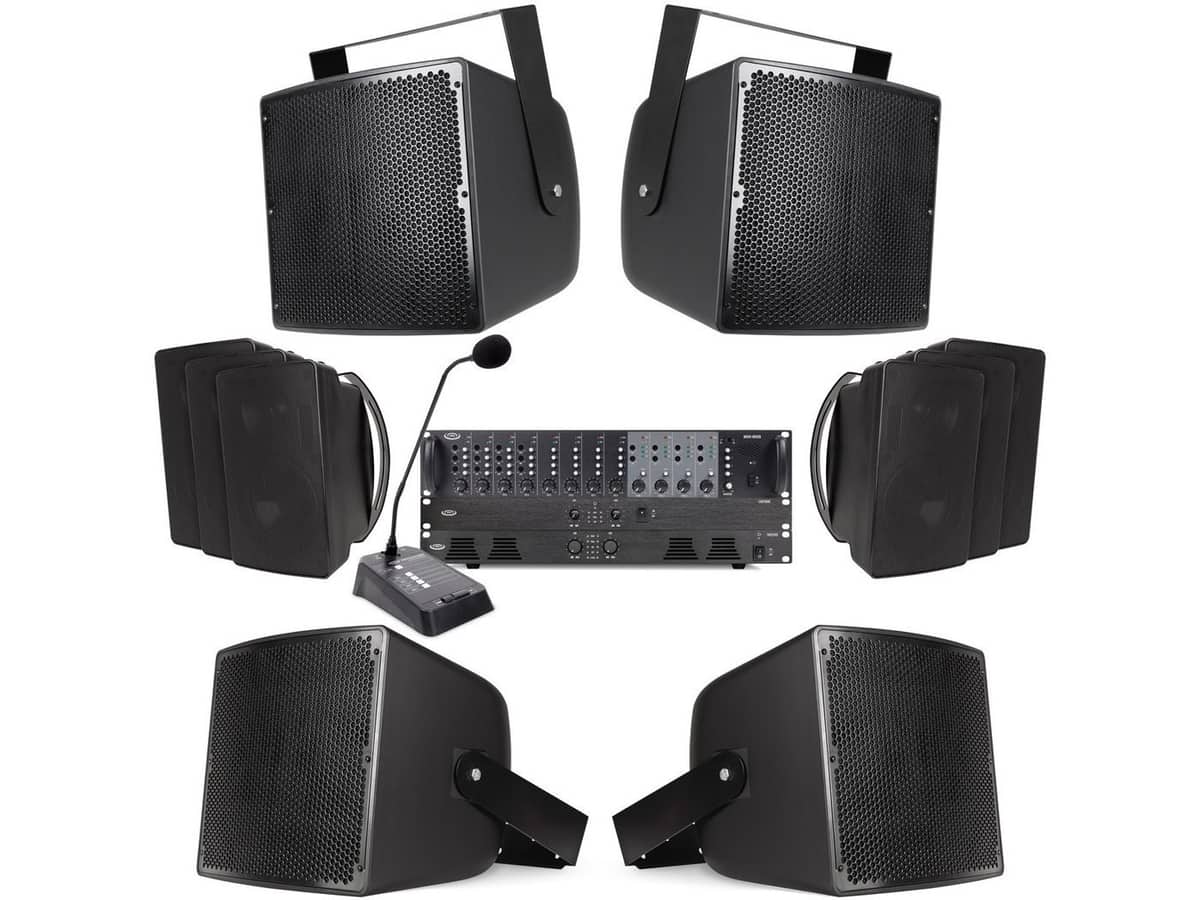 Stadium PA System with 4 S12 12" Speakers, 6 S6 6.5" Speakers, MX84 4 Zone Mixer, LA21000 Power Amp, DA2240 Power Amp and MX8-PM Paging Mic
