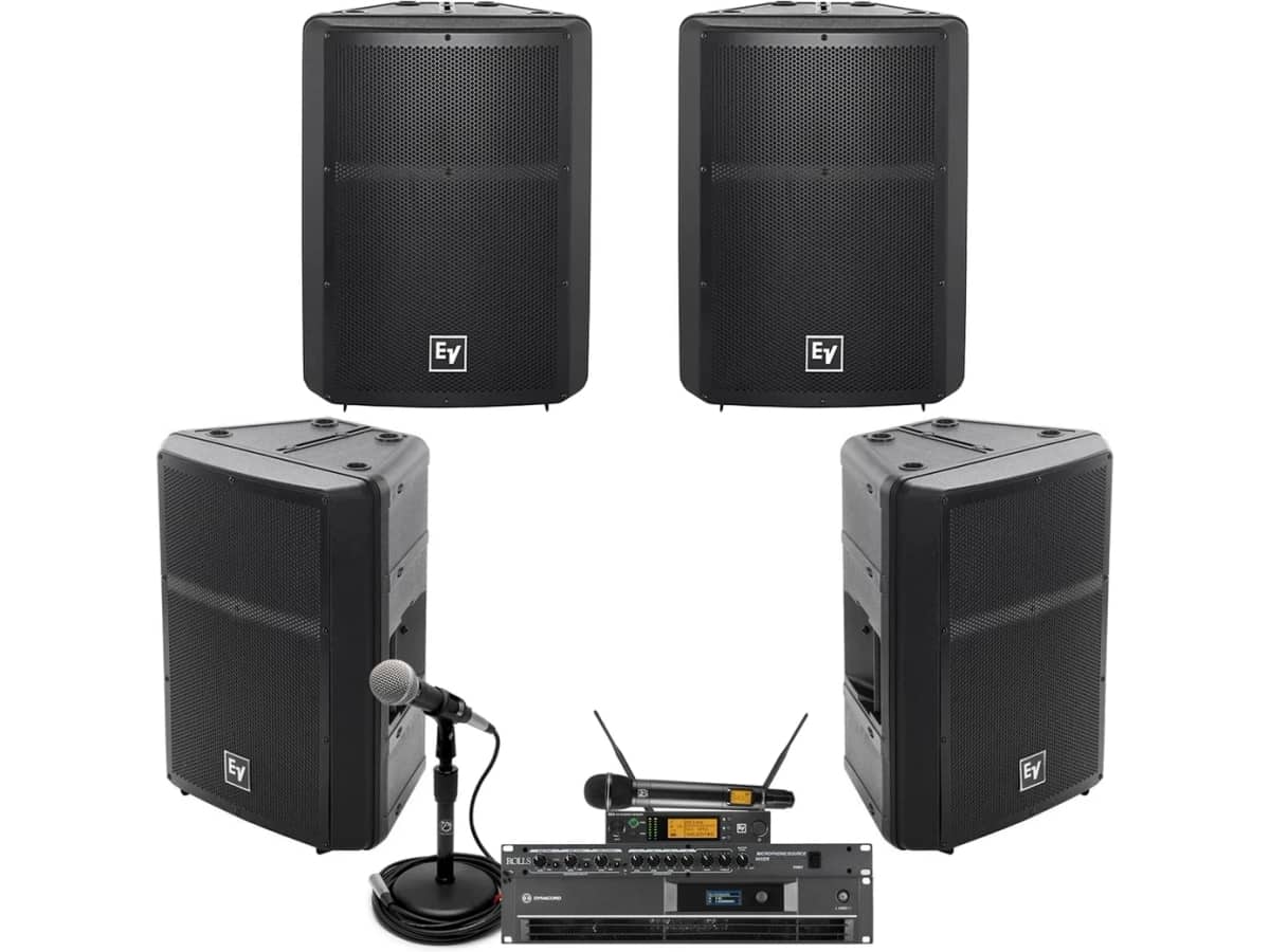Stadium PA System with 4 Electro-Voice Weather Resistant Speakers, Wireless Handheld Microphone and Wired Microphone